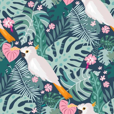 Beautiful tropical  seamlless pattern with  tropical parrots, colorful exotic Birds, leaves, flowers, plants  art print for travel and holiday, fashion, textile, web,  posters, wallpapers  Vector illustration  EPS 10 clipart