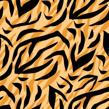 Kaplan, düz çizgi filmlerde farklı renklerde kusursuz desen çizer. Tekstil, kumaş, duvar kağıdı için modern moda deri tasarımı. Safari tarzı. Vektör illüstrasyonu