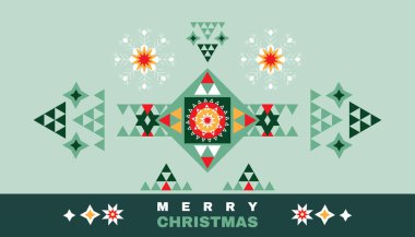 Mutlu Noeller, mutlu yeni yıl web bayrağı, bayram, kış, İskandinav arka plan, klasik geyik, ağaç, top, kar tanesi ve geometrik şekiller. Vektör düz sevimli illüstrasyon