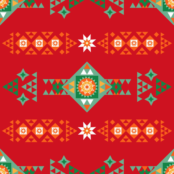 Счастливого Рождества Счастливого Нового года бесшовный узор Праздничный зимний скандинавский фон Винтажный олень, елка, мяч, снежинка, геометрические формы. Векторная плоская иллюстрация