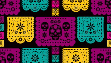 Ölüler Günü, Dia de los Muertos, Cadılar Bayramı kafatası, çelenk, çelenk, iskelet, kadife çiçeği desenli kusursuz Cadılar Bayramı şenliği. Şablon tatil arka plan Vektör illüstrasyonu