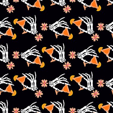 Ölüler Günü, Dia de los Muertos, cadılar bayramı kafatası, iskelet eller, kadife çiçekleri. Şablon tatil arka plan Vektör illüstrasyonu