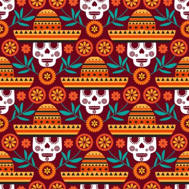 Meksika deseni, şeker kafalar ve çiçekler. Meksika kutlaması şablonu, I Mexico İskelet Dekorasyonu. Dia de Los Muertos, Ölüler Günü. Cadılar Bayramı. Vektör illüstrasyonu.