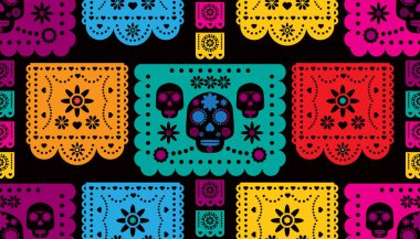 Ölüler Günü, Dia de los Muertos, Cadılar Bayramı kafatası, çelenk, çelenk, iskelet, kadife çiçeği desenli kusursuz Cadılar Bayramı şenliği. Şablon tatil arka plan Vektör illüstrasyonu