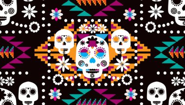 Meksika deseni, şeker kafalar ve çiçekler. Meksika kutlaması şablonu, I Mexico İskelet Dekorasyonu. Dia de Los Muertos, Ölüler Günü. Cadılar Bayramı. Vektör illüstrasyonu.