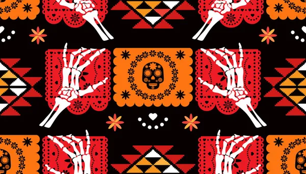 死者の日 ディア ムエルトス 頭蓋骨とハロウィンのお祝いのシームレスなパターン ガーランド 紙ピカド スケルトン マリーゴールドの花 テンプレート休日の背景ベクトルイラスト — ストックベクタ
