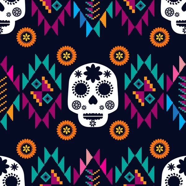 メキシコのシームレスなパターン 砂糖の頭蓋骨と花 メキシコのお祝いのためのテンプレート メキシコのスケルトンの装飾 死者の日 ムエルトスの死 ハロウィンだ ベクターイラスト — ストックベクタ