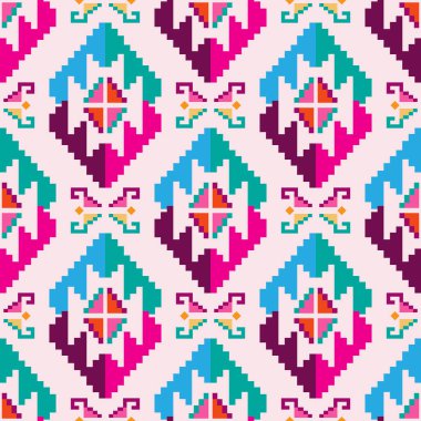 Renkli muhteşem kabile boho Meksika geometrik baskısı. Soyut dikişsiz Aztek, Maya, Latin desenli. Etnik hipster kökenli Hintli, Asya kökenli. Vektör düz resimleme. 