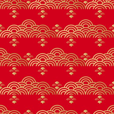 Güzel Japon desenli bulutlar, dalgalar. Japonca, Çince elementler. Vektör dikişsiz Asya dokusu. Paketleme, tekstil, kağıt, kumaş, imalat, duvar kağıtları üzerine baskı yapmak için.