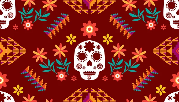 メキシコのシームレスなパターン 砂糖の頭蓋骨と花 メキシコのお祝いのためのテンプレート メキシコのスケルトンの装飾 死者の日 ムエルトスの死 ハロウィンだ ベクターイラスト — ストックベクタ
