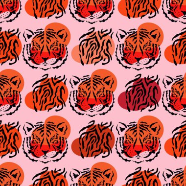 Kaplan kusursuz desenli, çizgi filmlerdeki gibi farklı renklerde, düz ve düz. Tekstil, kumaş, duvar kağıdı için modern moda deri tasarımı. Safari sanat tarzı. Vektör illüstrasyonu