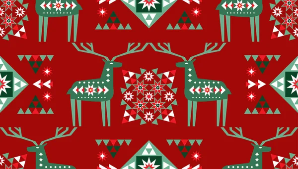 メリークリスマスは冬のお祝いの休日の芸術の背景をシカ トナカイや冬の風景 雪の結晶と北欧のクリスマスシームレスなパターン ベクターイラスト — ストックベクタ