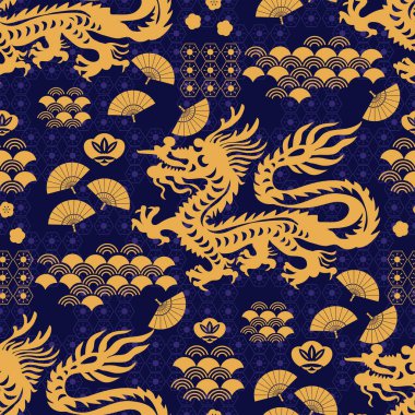 Japonlar, Çinliler, Ejderha, yelpaze, sakura, bulutlar, bonsai, deniz vavları. Soyut doku, tekstil, kimono origami kağıdı. Tasarımın için arka plan. Vektör illüstrasyonu