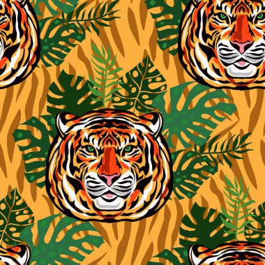 Kaplan ve tropik bitkiler, çiçekler, yapraklar. Güzel, pürüzsüz desenli çizgi film gerçekçi düz stil. Tekstil, kumaş, duvar kağıdı için modern moda deri tasarımı. Vektör illüstrasyonu