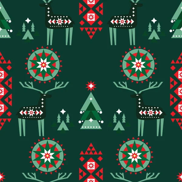圣诞快乐预示着寒假艺术的背景 北欧圣诞无缝图案与驯鹿和冬季景观 矢量说明 — 图库矢量图片