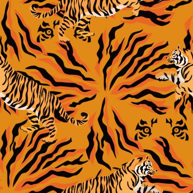 Kaplan ve tropik bitkiler, çiçekler, yapraklar. Güzel, pürüzsüz desenli çizgi film gerçekçi düz stil Tekstil, kumaş, duvar kağıdı Safari sanat tasviri için modern moda derisi