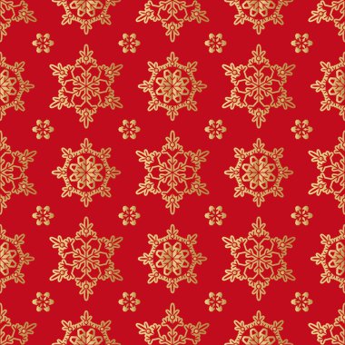 Altın kar taneleriyle kusursuz bir Noel deseni. Mutlu Noeller ve mutlu yıllar. Eşsiz kış tasarımı için güzel bir bayram süsü. Şablon geçmişi, ambalaj kağıdı, kapak, kumaş, tekstil, kart, web sait. Vektör illüstrasyonu.