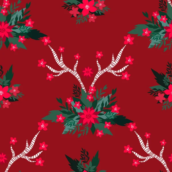 圣诞快乐 寒假花卉艺术背景 圣诞无缝图案与一品红和花 独特的手绘冬季花卉设计病媒图解 — 图库矢量图片