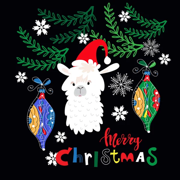 Vrolijk Kerstfeest Sjabloon Wenskaart Met Lama Dier Santa Hoed Kerstkrans — Stockvector