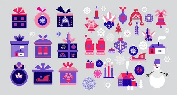 Vánoční Velké Scény Sněhulák Svíčka Koule Dárkové Krabice Veselé Vánoce — Stockový vektor