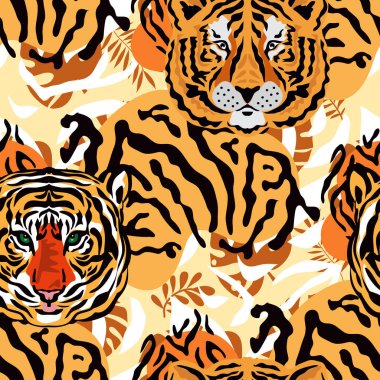 Kaplan ve tropik bitkiler, çiçekler, yapraklar. Güzel, pürüzsüz desenli çizgi film gerçekçi düz stil Tekstil, kumaş, duvar kağıdı Safari sanat tasviri için modern moda derisi