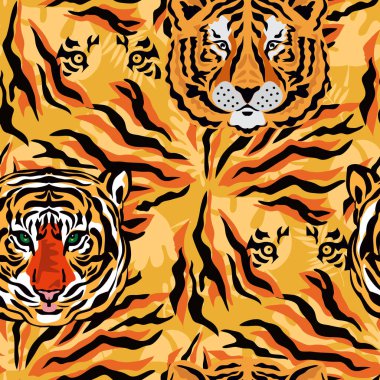Kaplan ve tropik bitkiler, çiçekler, yapraklar. Güzel, pürüzsüz desenli çizgi film gerçekçi düz stil Tekstil, kumaş, duvar kağıdı Safari sanat tasviri için modern moda derisi