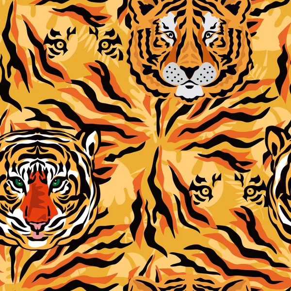 Kaplan ve tropik bitkiler, çiçekler, yapraklar. Güzel, pürüzsüz desenli çizgi film gerçekçi düz stil Tekstil, kumaş, duvar kağıdı Safari sanat tasviri için modern moda derisi