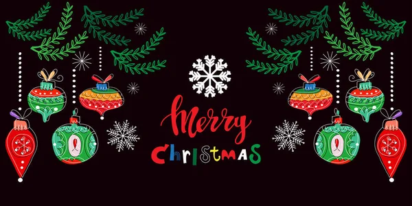 Boldog Karácsonyt Boldog Évet Sablon Üdvözlőlapot Golyókkal Hópelyhekkel Egyedülálló Rajzfilm — Stock Vector