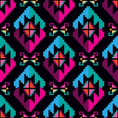 Renkli muhteşem kabile boho Meksika geometrik baskısı. Soyut dikişsiz Aztek, Maya, Latin desenli. Etnik hipster kökenli Hintli, Asya kökenli. Vektör düz resimleme. 