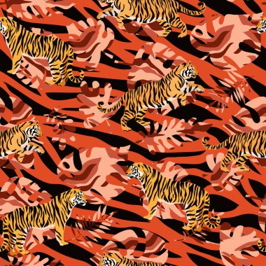 Kaplan ve tropik bitkiler, çiçekler, yapraklar. Güzel, pürüzsüz desenli çizgi film gerçekçi düz stil Tekstil, kumaş, duvar kağıdı Safari sanat tasviri için modern moda derisi