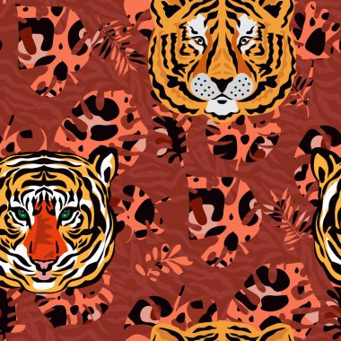 Kaplan ve tropik bitkiler, çiçekler, yapraklar. Güzel, pürüzsüz desenli çizgi film gerçekçi düz stil Tekstil, kumaş, duvar kağıdı Safari sanat tasviri için modern moda derisi