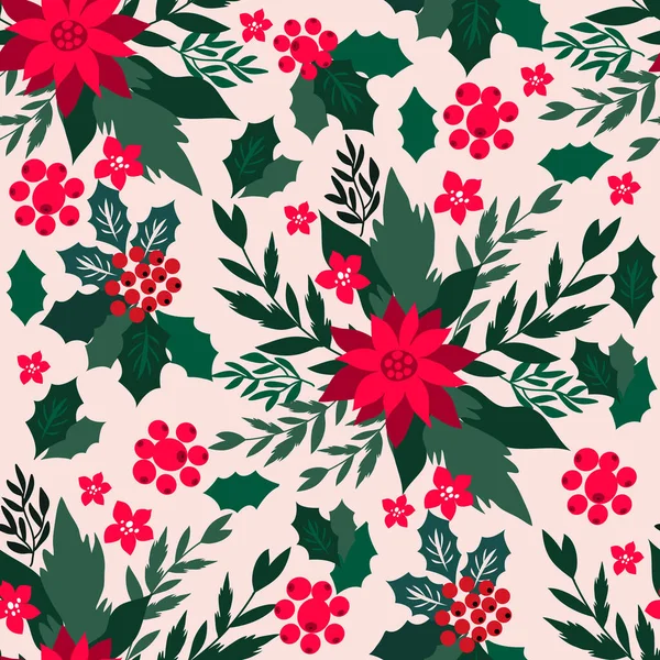 圣诞快乐 寒假花卉艺术背景 圣诞无缝图案与一品红和花 独特的手绘冬季花卉设计病媒图解 — 图库矢量图片