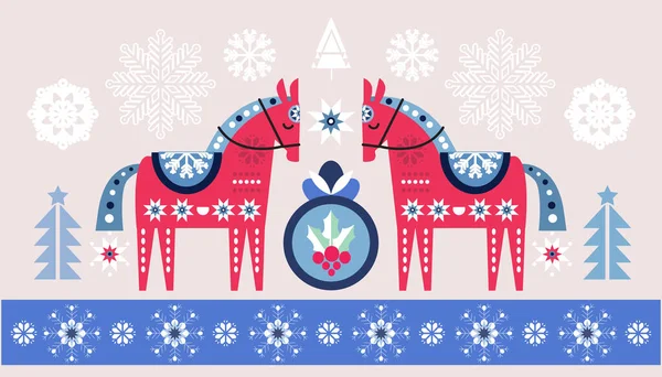 メリークリスマスお祝いのウェブバナーホリデー冬の北欧の背景ヴィンテージスカンディナヴィアの鹿 ボール 雪の結晶と幾何学的な形状 ベクトルフラットかわいいイラスト — ストックベクタ