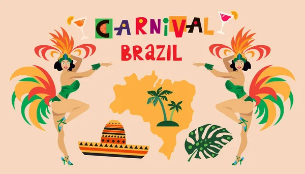 Brasil Carnaval Mulher Latina Usar Traje Tradicional Caroon Lettering Ilustração —  Vetores de Stock