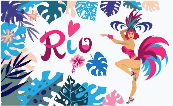 Brasil Carnaval Mujer Latina Usar Traje Tradicional Caroon Lettering Ilustración — Vector de stock