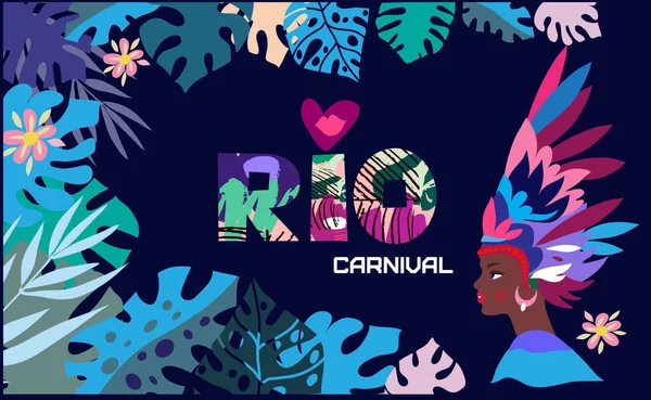 Brasil Carnaval Mujer Latina Usar Traje Tradicional Caroon Lettering Ilustración — Vector de stock