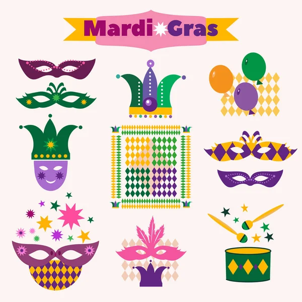 Happy Mardi Gras Joker Mask Garland Carnival Festive Set Icon — стоковый вектор