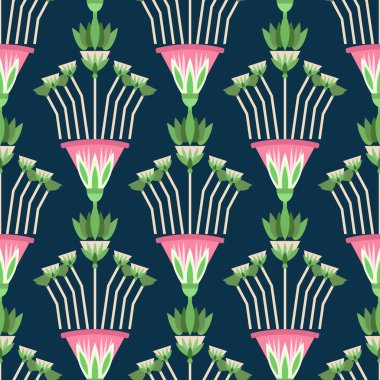 Nilüfer çiçeği, yaprak, papirüs ve palmiye ağacıyla eski Mısır süslemesinin kusursuz desenli çizimi. Duvar kağıdı, ambalaj, kağıt, kumaş, arkaplan için Mısır kültürü ögesi