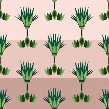 Nilüfer çiçeği, yaprak, papirüs ve palmiye ağacıyla eski Mısır süslemesinin kusursuz desenli çizimi. Duvar kağıdı, ambalaj, kağıt, kumaş, arkaplan için Mısır kültürü ögesi