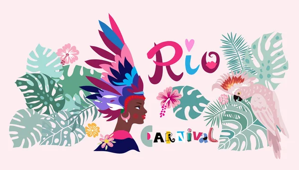Brasilianischer Karneval Lateinamerikanerinnen Tragen Tracht Traditionell Caroon Schriftzug Vector Illustration — Stockvektor