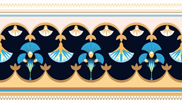 Seamless border  pattern vector illustration of the Egyptian ancient  ornament with a lotus flower, leaves,  papyrus, palm tree.  Egyptian culture element  For wallpaper, wrapping, paper, fabric, background