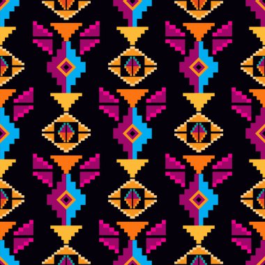 Renkli muhteşem kabile boho Meksika geometrik baskısı. Soyut dikişsiz Aztek, Maya, Latin desenli. Etnik hipster kökenli Hintli, Asya kökenli. Vektör düz resimleme. 