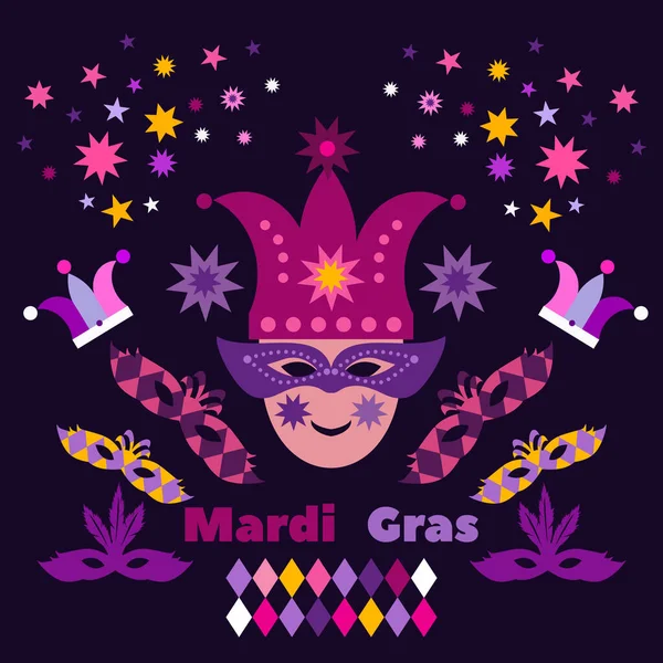 Carniva Maskl Boldog Mardi Gras Ünnepi Álarcosbál Joker Háttér Shrovetide — Stock Vector