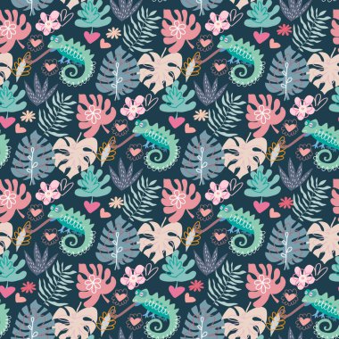 Bukalemun gibi sevimli hayvanlarla kusursuz çocuksu bir düzen. Tekstil, kumaş, duvar kâğıdı, duvar sanatı, yüzey tasarımı moda çocuklarının giydiği kıyafetler, bebek partisi. Çocuklar için vektör çizimi.