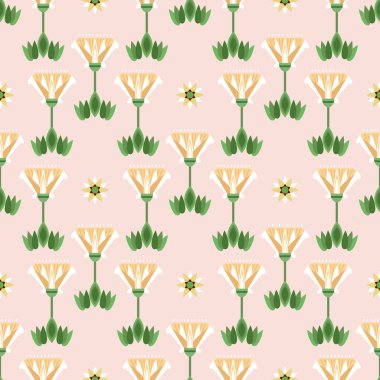 Nilüfer çiçeği, yaprak, papirüs ve palmiye ağacıyla eski Mısır süslemesinin kusursuz desenli çizimi. Duvar kağıdı, ambalaj, kağıt, kumaş, arkaplan için Mısır kültürü ögesi