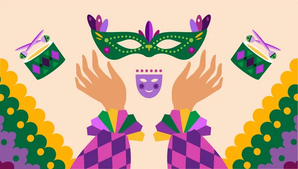 Carniva Maskl 快乐的Mardi Gras 节日装扮小丑背景Shrovetide或Maslenitsa完美的嘉年华派对横幅网站背景矢量平面卡通画 — 图库矢量图片