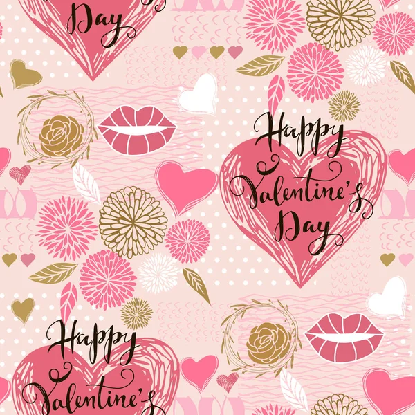 Happy Valentine Day Beautiful Romantic Seamless Pattern Hearts Lips Crown — Stock Vector