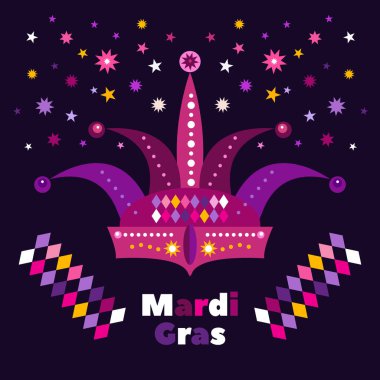 Carniva Maskl, Mutlu Mardi Gras 'lar. Şenlik maskeli balo geçmişi. Shrovetide ya da Maslenitsa Karnaval partisi afişi için mükemmel, web sitesi arka plan vektörü düz çizgi film illüstrasyonu