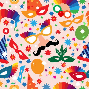 Purim 'iniz kutlu olsun. Karnaval maskeleri, konfeti, şakacı, çelenk, şapka, havai fişek ve soytarı eşliğinde kusursuz Yahudi şablonu. Maskeli balo Purim Yahudi festivali konsepti Vektör illüstrasyonu