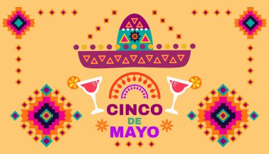 Cinco de mayonez posteri, sombrero, biber, tekila. Cinco de Mayo - 5 Mayıs, Meksika federal bayramı. Vector illüstrasyon fiesta tarzı parlak Meksika halk sanatı. 